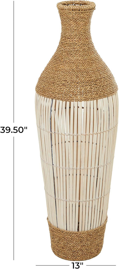 Deco 79 Seagrass Handmade Decorative Vase Wrapped Tall Floor Centerpiece Vase with Cream Slatted Bamboo Center, Vase for Home Decoration 13" x 13" x 40", Brown