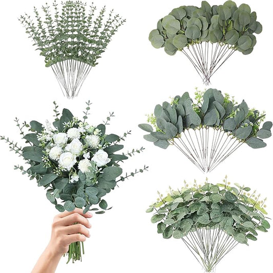 Eucalyptus Leaves Stems 100 PCS, 4 Kinds Mixed Artificial Greenery Stems for Wedding Decor Vase Floral Arrangement Centerpiece