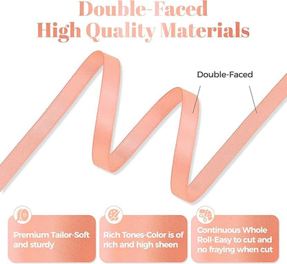 Peach Satin Ribbon, Double Faced 1/4 Inch X 50 Yards Peach Ribbon, Premium Satin Ribbon for Gift Wrapping, Crafts, Hair Bow Making, Sewing, Flower Bouquet, Wedding Party Decor