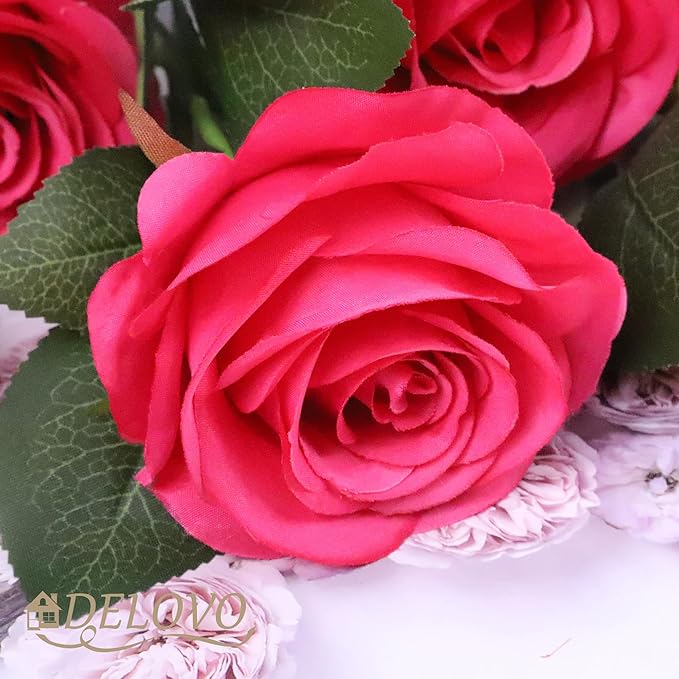 52pcs Hot Pink Roses Artificial Flowers Fake Flowers Silk Roses with Stems for DIY Wedding Bouquets Bridal Shower Centerpieces Arrangements Party Decorations