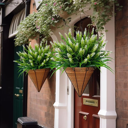 Artificial Flowers for Outdoor Plants 24 Bundles Fake Lavender Plastic Faux Monkey Grass for Verandah Window Garden Office Patio Front Porch UV Resistant for Planter(White)