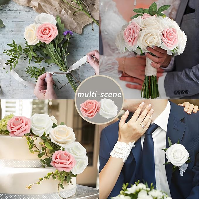 100PCS Artificial Flowers Champagne/Pink/White Roses Real Looking Foam Fake Roses with Leaves and for DIY Wedding Bouquets Bridal Shower Centerpieces Party Decorations