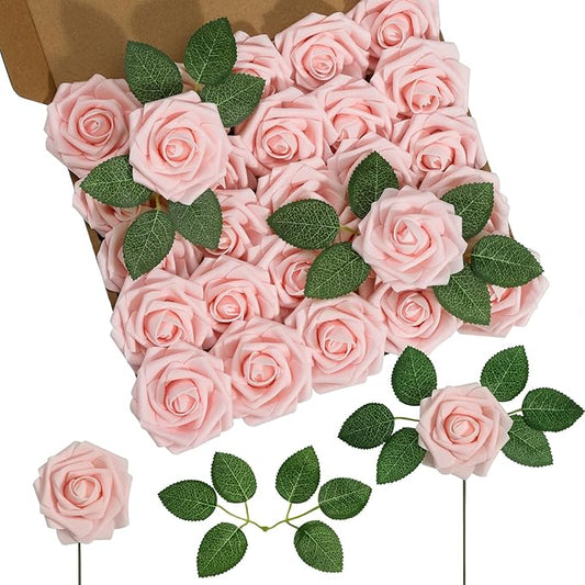 DuHouse 25Pcs Artificial Roses Flowers Fake Roses with Stems Real Touch Foam Flowers for DIY Wedding Bouquet Baby Shower Centerpiece Floral Arrangement Party Home Decor(Blush)