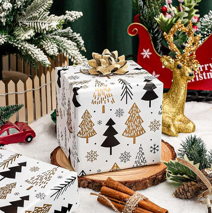 MAYPLUSS Christmas Trees Wrapping Paper - 17 Inch X 33 Feet - Minimalistic Elegant Christmas Trees with Gold Design Winter Holiday Gift Wrap Sheet for Party, DIY Crafts & Festive Decoration