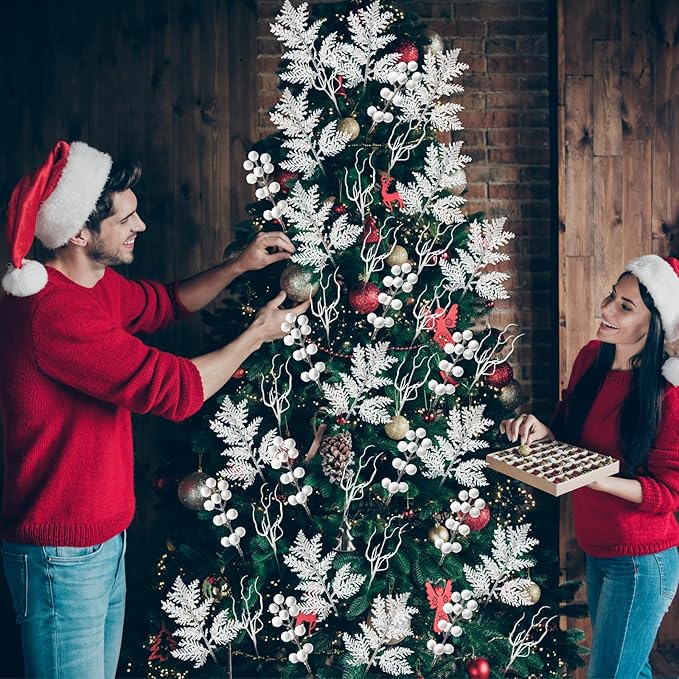 75 Pcs Christmas Glitter Branches 3 Styles Artificial Christmas Picks Berries Stems Pine Needles Floral Twig Spray for Xmas Tree Ornaments DIY Wreath Garland(White)
