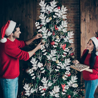 75 Pcs Christmas Glitter Branches 3 Styles Artificial Christmas Picks Berries Stems Pine Needles Floral Twig Spray for Xmas Tree Ornaments DIY Wreath Garland(White)