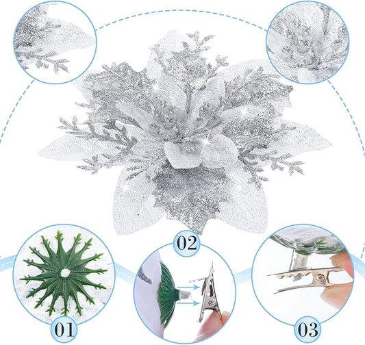 24 Christmas Glitter Artificial Poinsettia Flowers Xmas Poinsettia Artificial Wedding Flowers Decorations Xmas Tree Ornaments with Clips for Party Favors, 6 Inch, 4 Inch, 3 Inch (Silver)