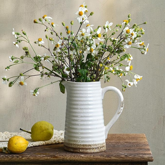 Quoowiit Ceramic Rustic Vase with Handle, White Distressed Decorative Farmhouse Pitcher Vase for Home Decor Living Room Bedroom Kitchen Office Shelf Decor Centerpiece Table Decoration
