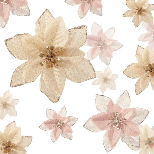 WILLBOND 24 Pcs 3 Size Poinsettia Flower Artificial Christmas Decor Glitter Poinsettia Christmas Ornaments Faux Flowers for Xmas Tree Outdoor(3.2/4/6 Inches,Champagne and Rose Gold)