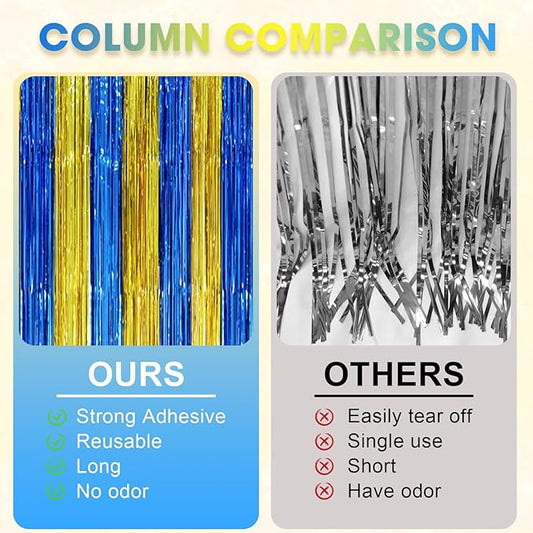 2 Pack Blue Gold Foil Fringe Backdrop Curtains, Graduation Tinsel Streamers Party Decorations, Fringe Backdrop, Door Shimmer for Birthday Party