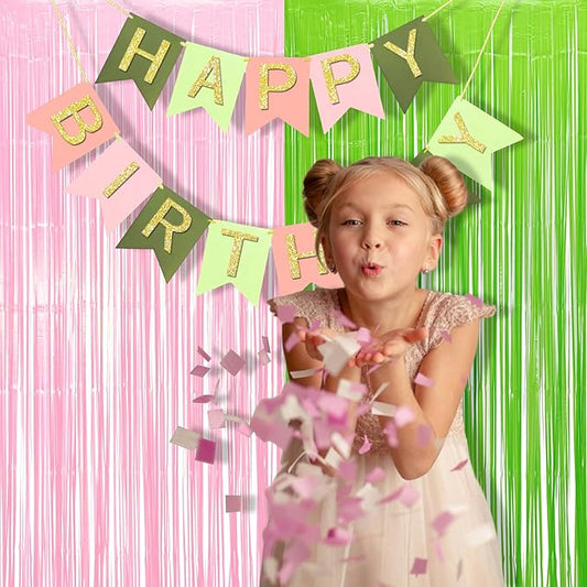 BRAVESHINE Party Streamers Backdrop - 2 Pack 3.2ft X 8.2ft Tinsel Foil Fringe Curtains for Christmas/Fairy/Girl/Birthdays/Wizard/Bridal/Baby Shower/Photos Booths/Pink and Green Party Decorations