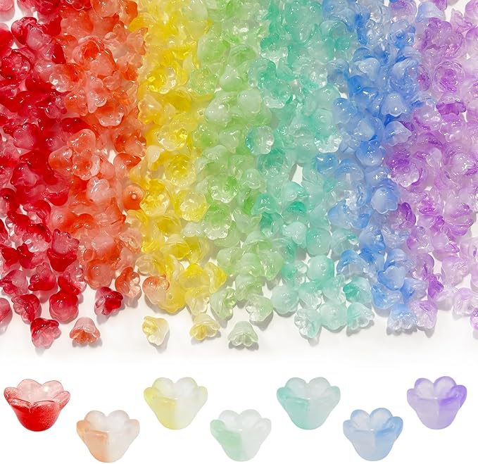 LadayPoa 350pcs Glass Bellflower Beads for Jewelry Making Trumpet Flower Beads Gradient Clear Cute Bead for Bracelets Making Aesthetic Bead Charms for DIY Necklace Decoration-Rainbow Series