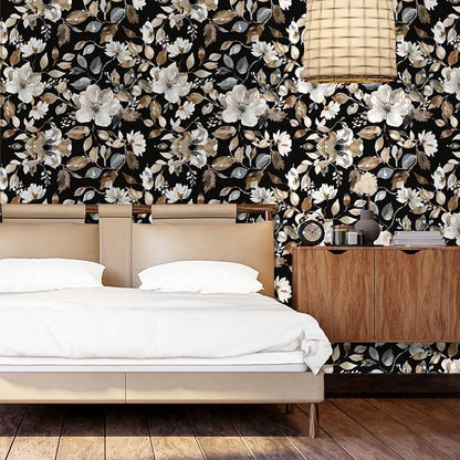 Vintage Dark Black Floral Peel and Stick Wallpaper Modern Botanical Flower Waterproof Removable Self Adhesive Vinyl Contact Wall Paper for Farmhouse Bathroom 17.7" X 354" Roll