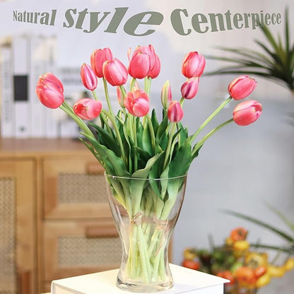 20pcs Artificial Tulip Flowers,16 Inch Real Touch Tulip Stems with Faux Leaves, Faux Tulips and Buds for Home Décor Centerpiece Ornament Wedding Bouquet,Deep Pink