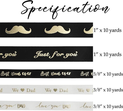 MEEDEE Happy Father's Day Ribbon Fathers Day Decorations Gift Box Wrapping Paper Decor Thank You Satin Thin Ribbon Assorted Black Satin, 5 Rolls with 10 Yards Each Total 50 Yards