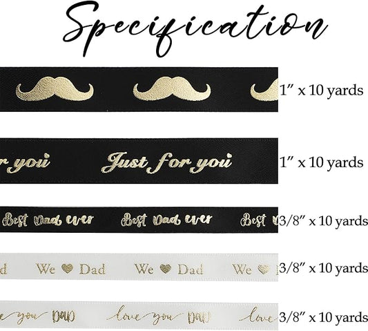 MEEDEE Happy Father's Day Ribbon Fathers Day Decorations Gift Box Wrapping Paper Decor Thank You Satin Thin Ribbon Assorted Black Satin, 5 Rolls with 10 Yards Each Total 50 Yards