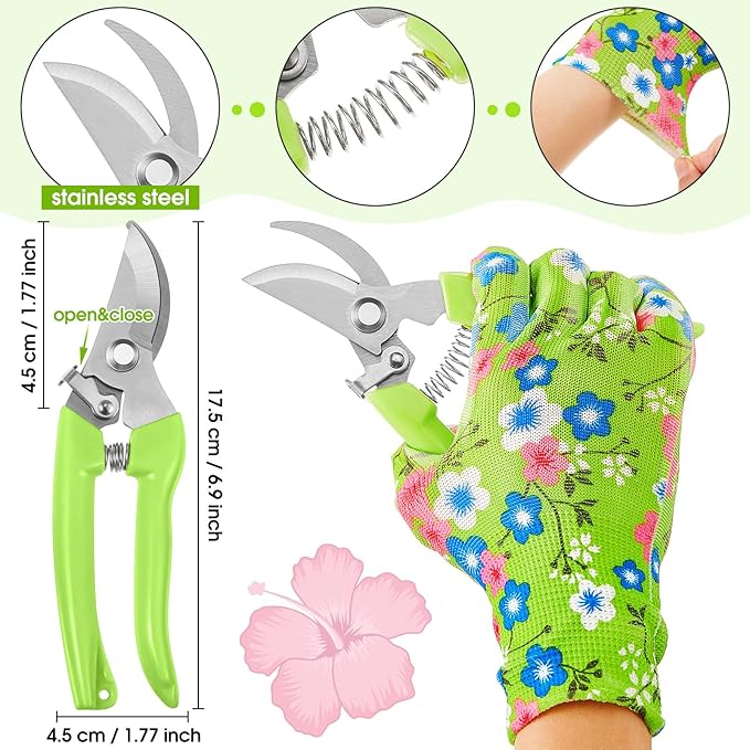 Lasnten 14 Pcs Rose Stripper Thorn Remover Tool Garden Pruning Shears Scissors Kit Leaf Stripping Tool Floral Gloves and Floral Tape Flower Stripper Kit Gift for Wedding Outdoor Gardening (Green)