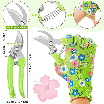 Lasnten 14 Pcs Rose Stripper Thorn Remover Tool Garden Pruning Shears Scissors Kit Leaf Stripping Tool Floral Gloves and Floral Tape Flower Stripper Kit Gift for Wedding Outdoor Gardening (Green)