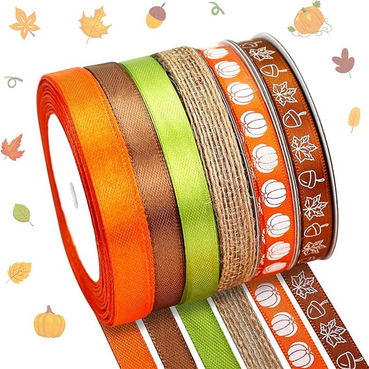 Stain Ribbon 6 Rolls Fall Harvest Thanksgiving Pumpkin Wrapping Ribbon 3/8 Inch x 150 Yards for Crafts Bows Decor