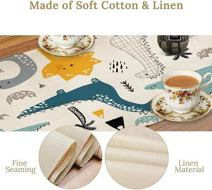 Cartoon Dinosaur Table Runner,Kids Boys Cute Various Dino Moutain Modern Abstract Print Tablecloth Burlap for Hotel Indoors Outdoor Dining Room Kitchen Holiday Party, 13x60in