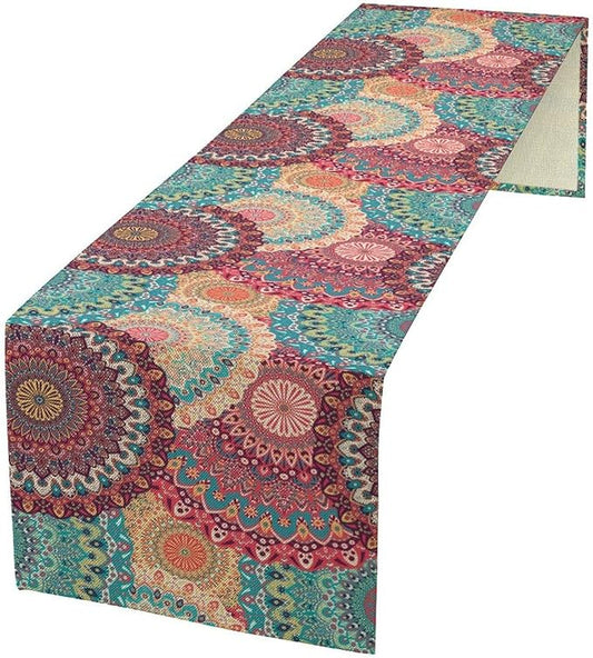 Bohemian Table Runner, Colorful Traditional Blue Pink Mandala Flower Table Runner for Kitchen Dining Cafe Party Decor, 13x60 Inch
