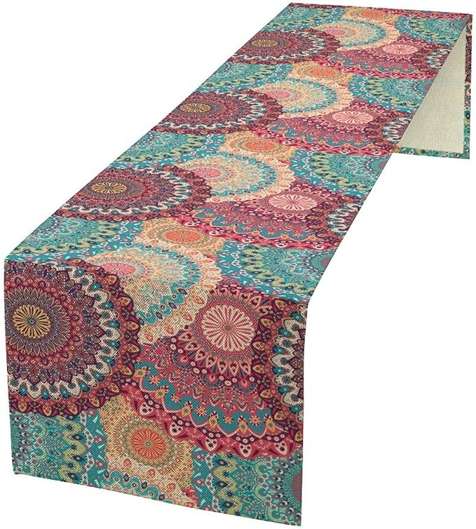 Bohemian Table Runner, Colorful Traditional Blue Pink Mandala Flower Table Runner for Kitchen Dining Cafe Party Decor, 13x36 Inch
