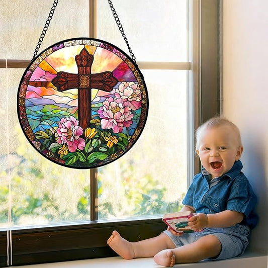 Christian Gifts for Women - Cross Stained Glass Window Hanging Jesus Easter Pink Flower Peony Sun Catcher Garden Religion Decor Mother's Day Catholic Gift for Men Grandma Mom Her Nana 7.8"