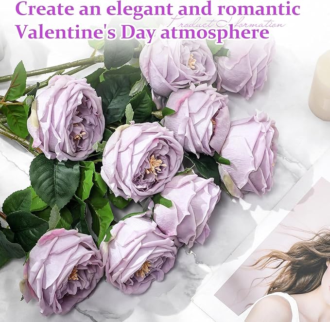10pcs Real Touch Peonies Artificial Flowers, Faux Austin Rose with Long Stem Look Real Fake Flower for Christmas Valentines Arrangement Wedding Party Home Kitchen Decor (Light Purple)