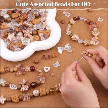 Assorted 200-260PCS Brown Acrylic Beads for Bracelet Making, Flower Bow Candy GummyBear Bracelet Charms,Cute Beads for Jewelry Making DIY Necklace Keychain Phone Charm Christmas Gift