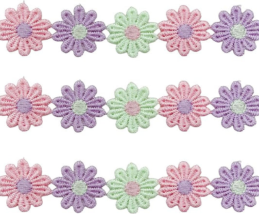 15 Yards Daisy Flower Lace Trim Embroidered Floral Lace Sewing Trim Ribbons for Embellishment Craft Dress Hair Accessories Decorations (Pink+Lavender+Light Green, 1" x 15 Yards)