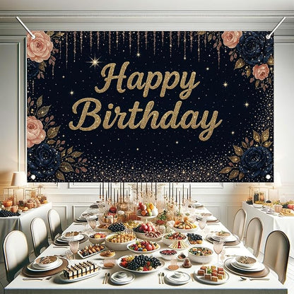 Happy Birthday Backdrop Banner Navy Blue Gold Glitter Rose Floral Birthday Party Decorations Photography Background Wedding Baby Shower Decor Booth Studio Props Supplies 71 x 43 Inch