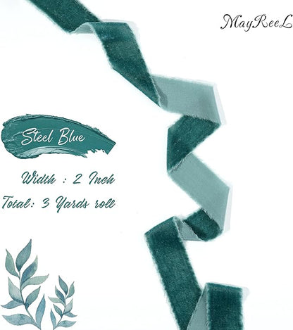 MAYREEL 2 Inch Steel Blue Velvet Ribbon Hand Torn Sky Blue Silk Frayed Edge for Bridal Bouquets Invitations Wedding Vow Books Gift Baskets Hair Bows 3 Yards