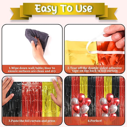 3 Pack 3.3 x 8.2 ft Red Black Gold Foil Fringe Backdrop Curtains, Tinsel Streamers Party Decorations, Fringe Backdrop, Door Shimmer for Thanksgiving Day or Birthday Party