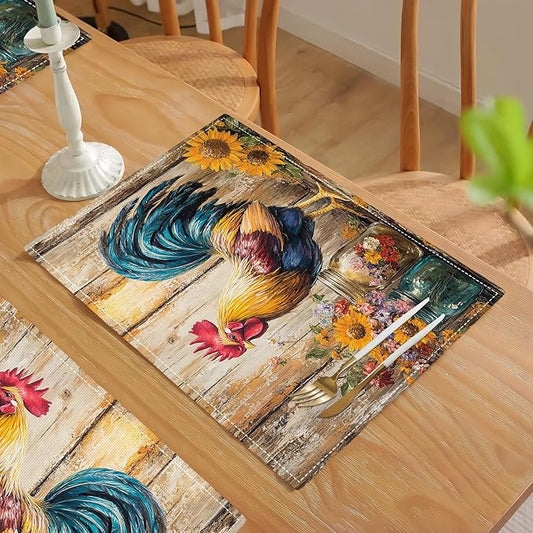 Farmhouse Rooster Placemats Set of 6, Rustic Chicken Place Mats, Sunflower Dining Table Mats, Washable Placemats for Kitchen Dining Room Home Decor 18L'' × 12W''