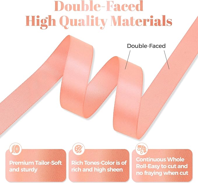 Peach Satin Ribbon, Double Faced 5/8 Inch X 25 Yards Peach Ribbon, Premium Satin Ribbon for Gift Wrapping, Crafts, Hair Bow Making, Sewing, Flower Bouquet, Wedding Party Decor