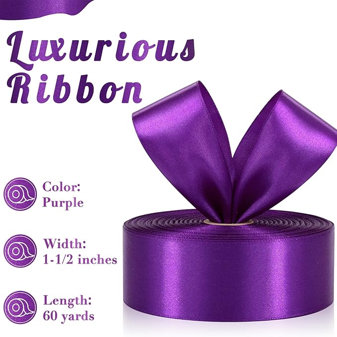 Purple Ribbon 1-1/2 Inch, 60 Yards Purple Satin Ribbon for Gift Wrapping, Fabric Ribbon for Flower Bouquet Crafts Wedding Christmas Halloween