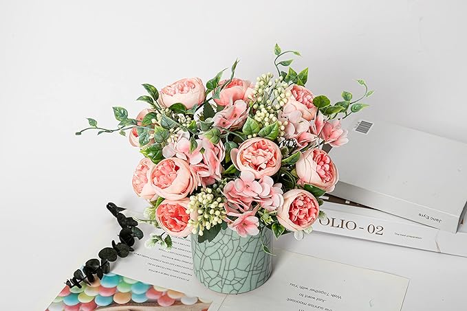 KAOYOO 4 PCS Artificial Peony Bouquet Short Stem for DIY Wedding Decoration Bridal Bouquet Home Decorations(Pink 4-PCS)