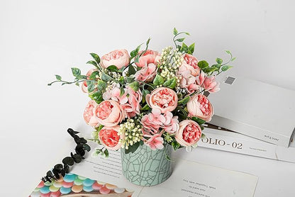 KAOYOO 4 PCS Artificial Peony Bouquet Short Stem for DIY Wedding Decoration Bridal Bouquet Home Decorations(Pink 4-PCS)