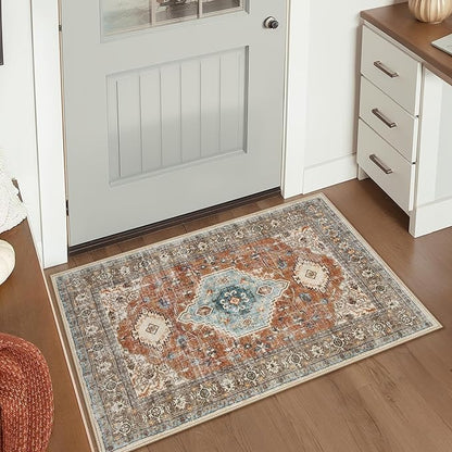 Lahome Oriental Small Rugs for Entryway, 2x3 Rug Non Slip Washable Fall Door Mat Indoor Entrance Ultra-Thin Vintage Soft Carpet for Kitchen Bedroom Front Door Bathroom, Orange/Multi