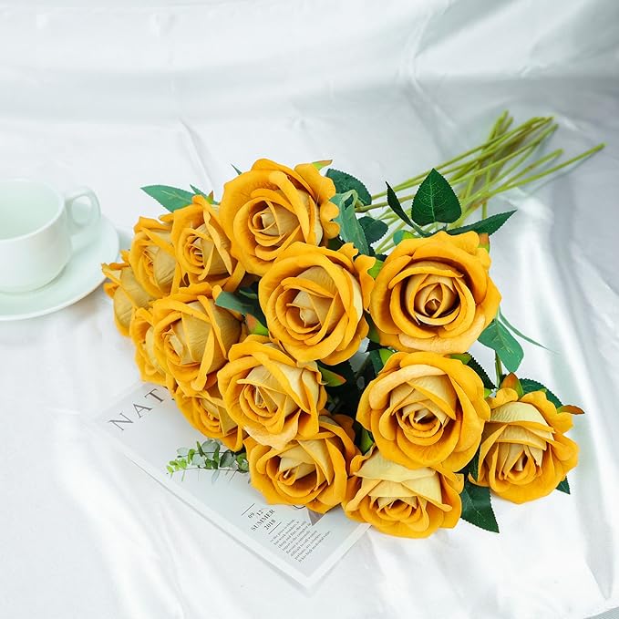 SITUMEIZI 15PCS Artificial Roses Silk Flowers Fake Roses Realistic Bouquet Long Stem with Gift Box for Mother's Gift Day Home Party Wedding Decorations(Gold)