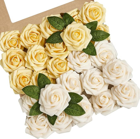 Artificial Flowers, 50pcs Creamy Yellow and Ivory Artificial Rose for DIY Wedding Bouquets Centerpieces Arrangements, Fake Flower with Stems for Party Home Decorations