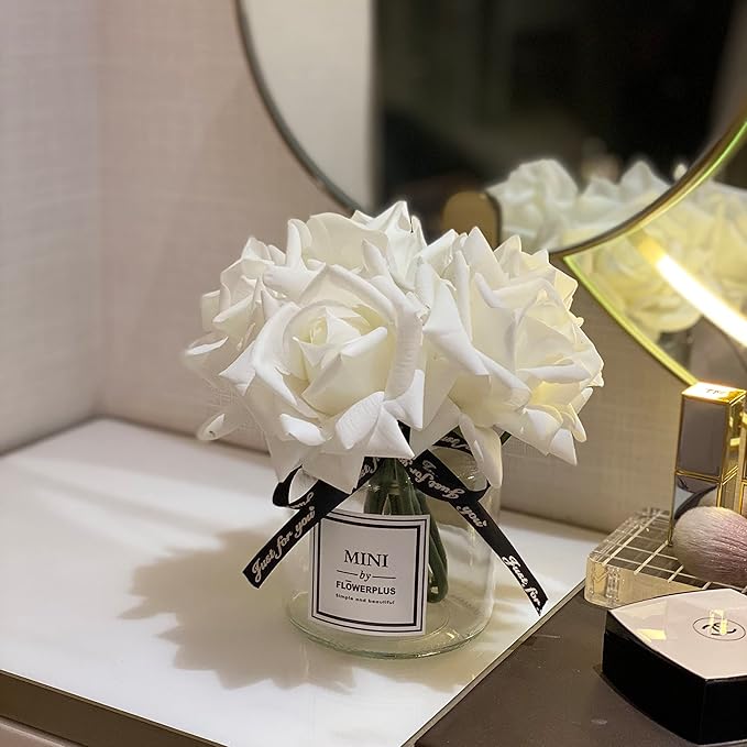 Artificial Flowers with White Roses in Vase, Fake Flowers in Glass Jar with Ribbon, Silk Flower Arrangements in Vase with Artificial Flowers for Home Dining Table Decor.