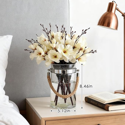 Barrel-Shaped 8.46" Large Mouth Clear Glass Vase with Hemp Rope Handle - Ideal for Floral Arrangements, Bouquets, Floating Tealights, Home Display & Holiday Decor