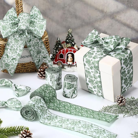 Lyrow 6 Rolls Chinoiserie Ribbon Sage Green Wired Edge Floral Ribbon Botanical Floral Flower Pattern Fabric Craft Wreath Bow Wrapping 2.52 Inches by 5 Yards