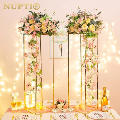 NUPTIO Gold Vases for Centerpieces Wedding - 2 Pcs 39.4 inch Tall Metal Flower Vase Flowers Stand for Party Tables Decorations - Elegant Bulk Weddings Decoration Table Geometric Centerpiece Stand