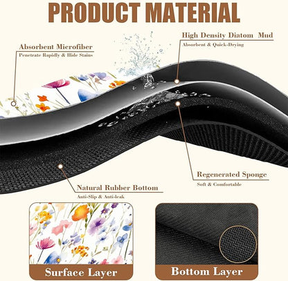 Watercolor Floral Meadow Coffee Mat Absorbent Dish Drying Mat for Kitchen Counter Hide Stain Rubber Backed Coffee Bar Accessories Fit Under Espresso Machine Dish Drainer, 11.8 x 19.7 Inch
