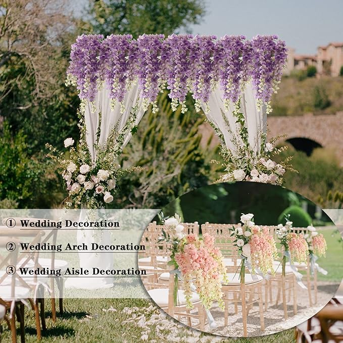 Dailisen 3 Strands 40'' Silk Purple Wisteria Artificial Flowers, Fake Wisteria Floral Hanging Plant Garland, for Home Decor, Party, Floor Vase, Balcony, Wedding Arrangement Decoration (Purple)