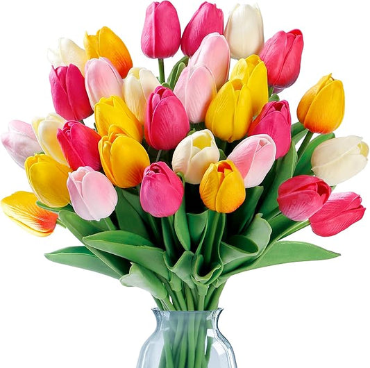 Sggvecsy 15 Pcs Fake Tulips Artificial Flowers Real Touch PU Faux Flowers Tulip Stems for Wedding Spring Bouquet Floral Arrangement Home Office Party Decorations for Mother's Day (Multi Colors)