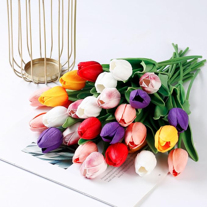 Sggvecsy 15 Pcs Fake Tulips Artificial Flowers Real Touch PU Faux Flowers Tulip Stems for Wedding Spring Bouquet Floral Arrangement Party Home Office Decorations for Mother's Day (Multi Colors)