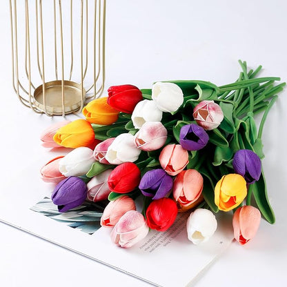 Sggvecsy 15 Pcs Fake Tulips Artificial Flowers Real Touch PU Faux Flowers Tulip Stems for Wedding Spring Bouquet Floral Arrangement Party Home Office Decorations for Mother's Day (Multi Colors)